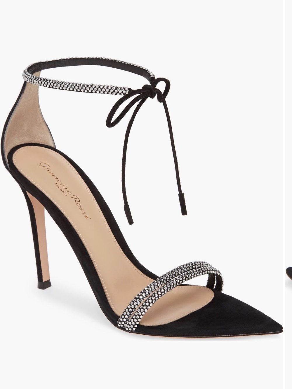 Gianvito Rossi Montecarlo Sandal, Black Suede Crystal-Ankle Tie Stiletto Size 37